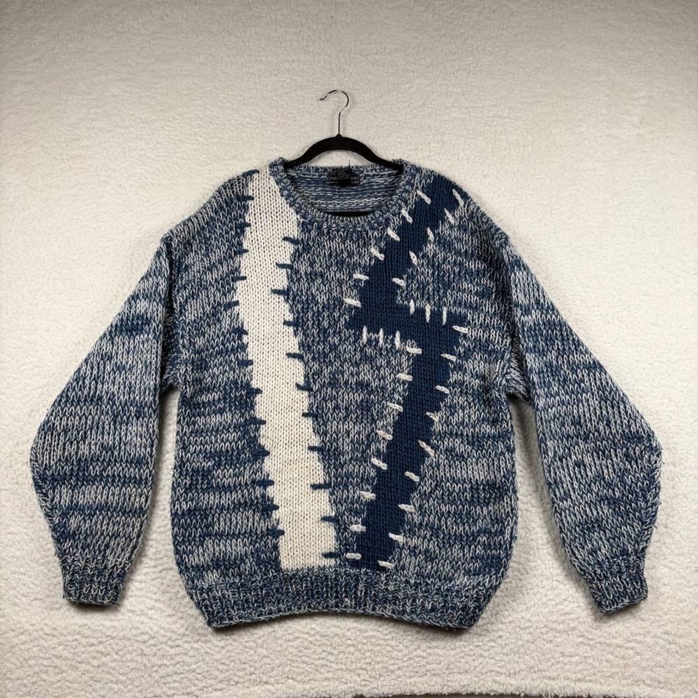 Peter England Sweater Handmade Intarsia Patchwork Knit M Blue Artisanal Retro